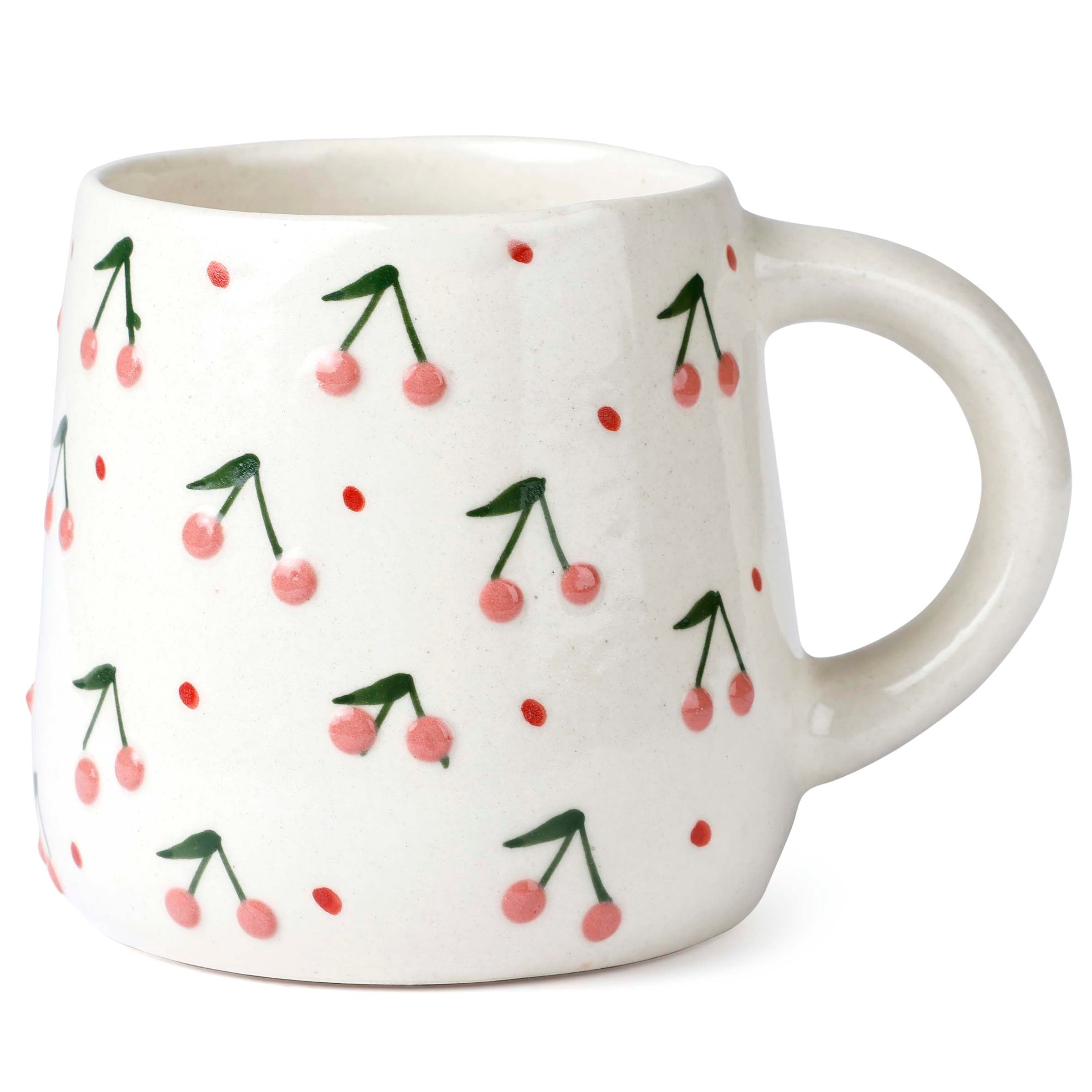 Handcrafted white ceramic mug with red cherry pattern, 350ml
